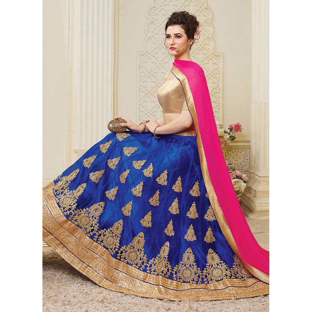 Ladies Blue Net Wedding Lehenga Choli - Net Silk, 54 Inches, Blue | Gold Thread Embroidery, Elegant Design, Handcrafted