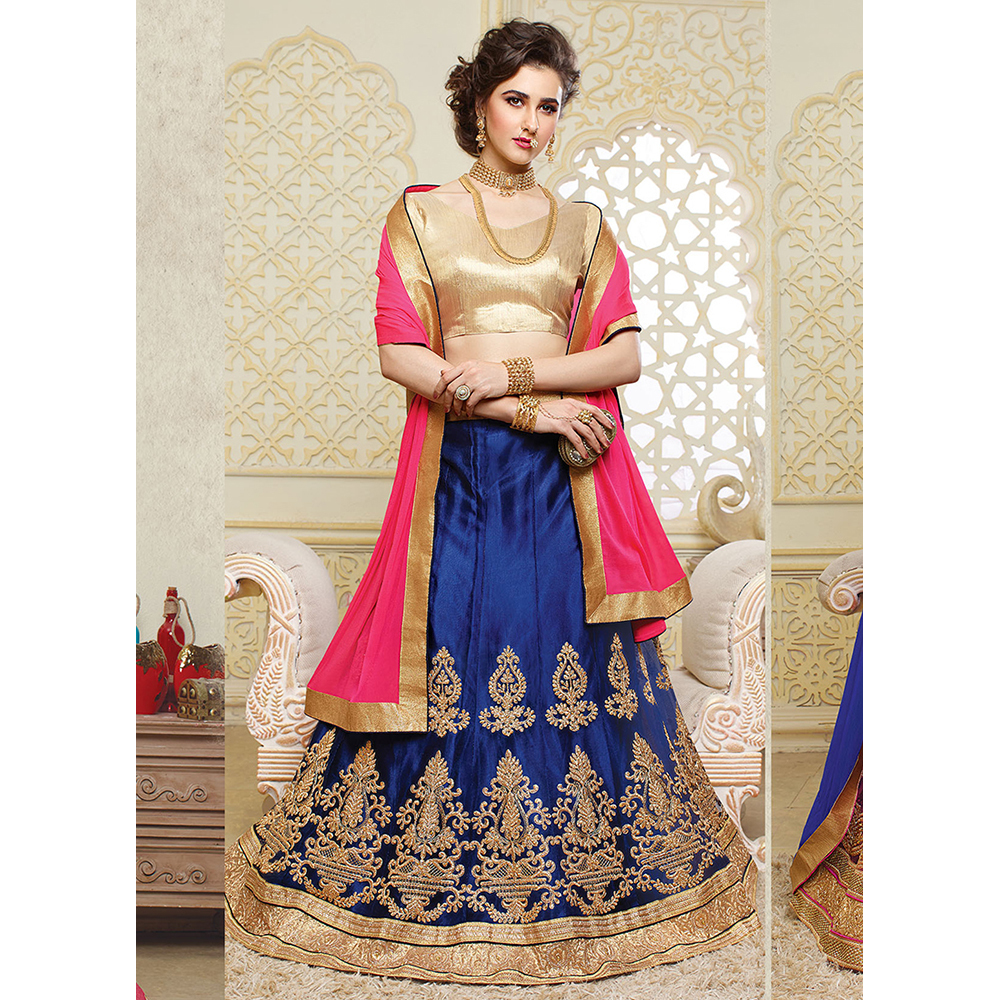 Ladies Navy Blue Net Wedding  Embroidery Lehenga Choli