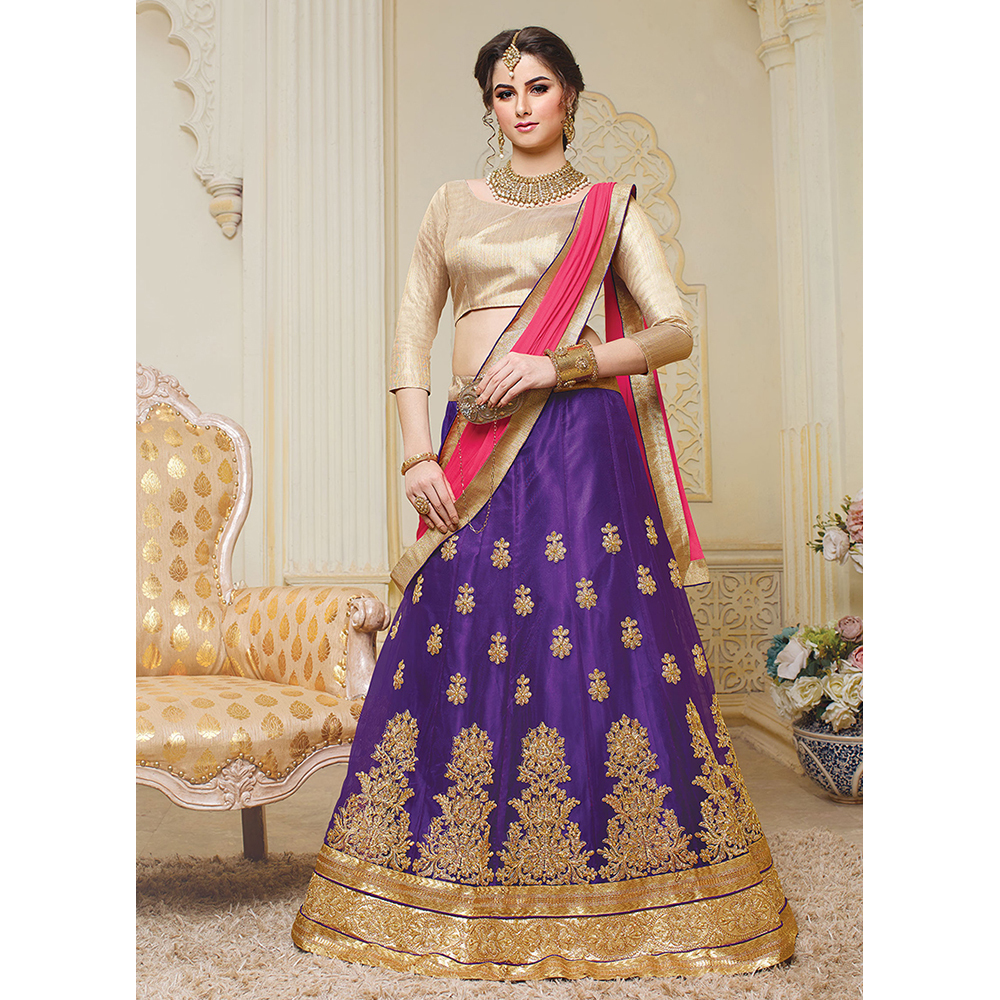 Ladies Purple Net Wedding Embroidery Lehenga Choli
