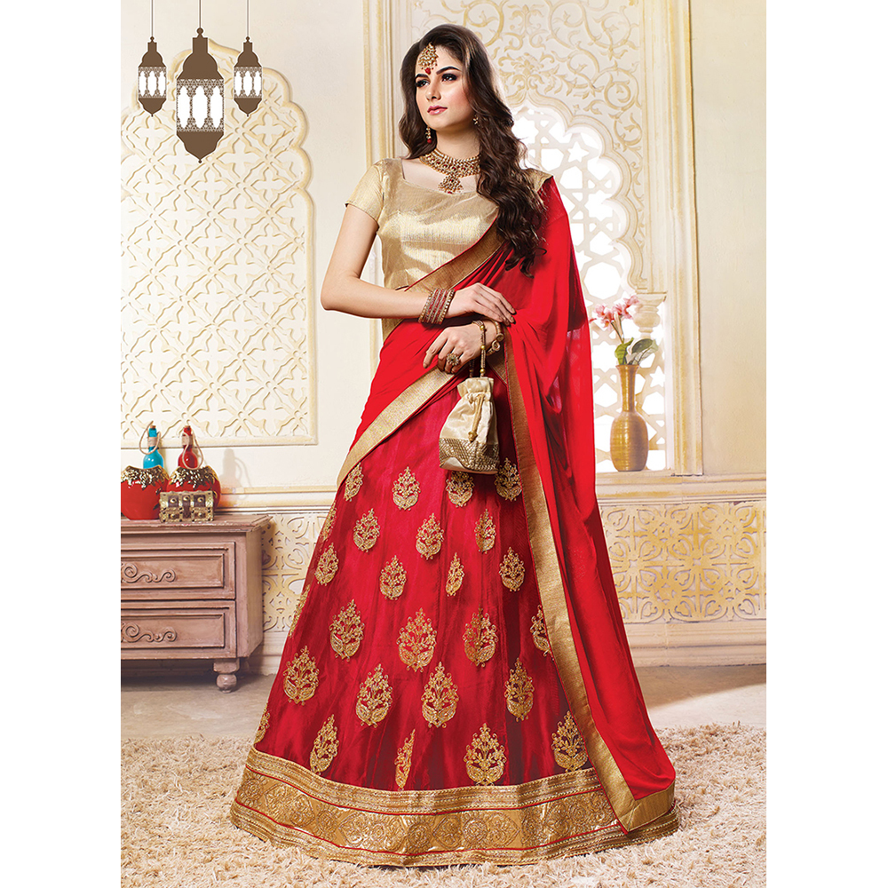 Ladies Red Net Wedding Embroidery Lehenga Choli
