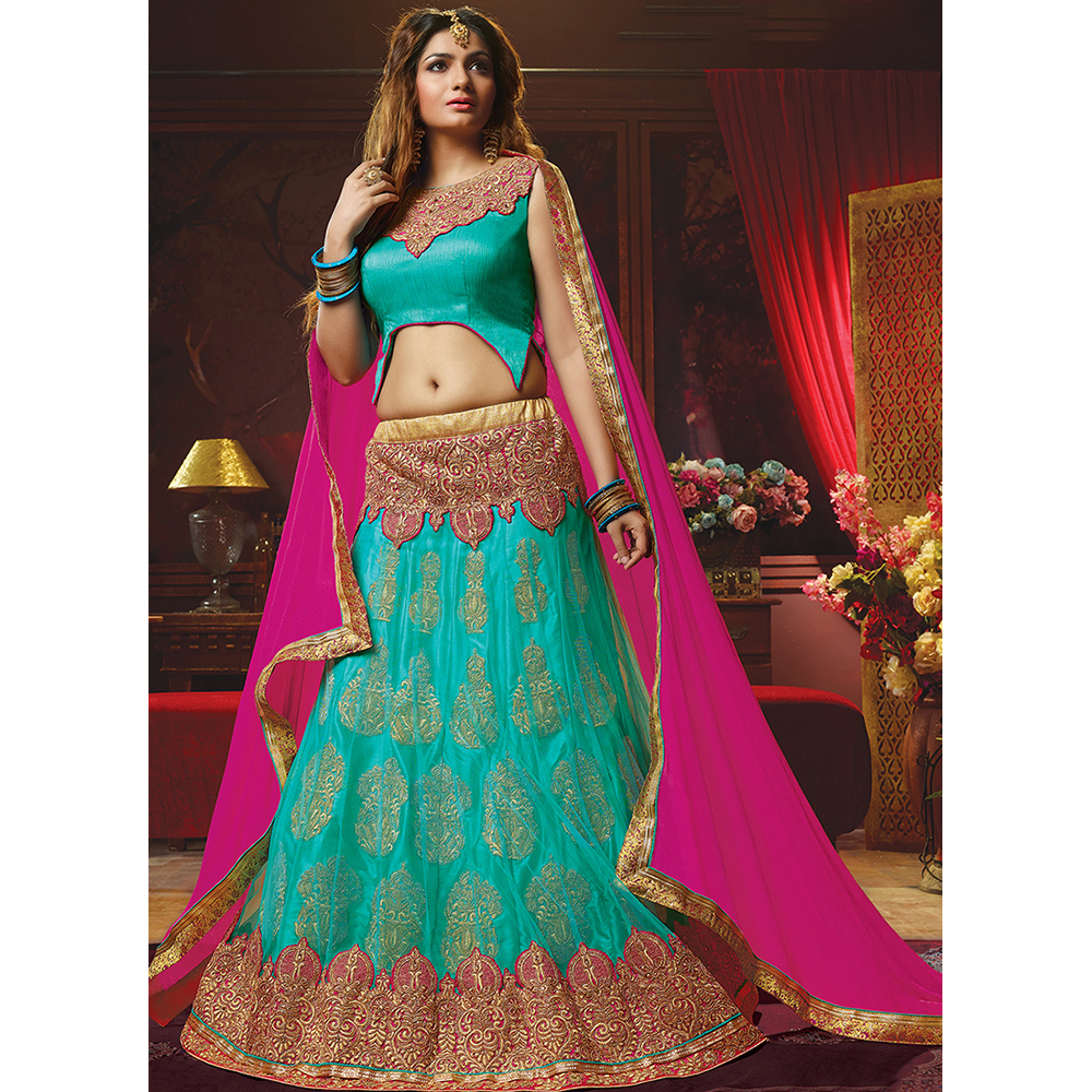 Ladies Green Net Embroidery Work Lehenga Choli