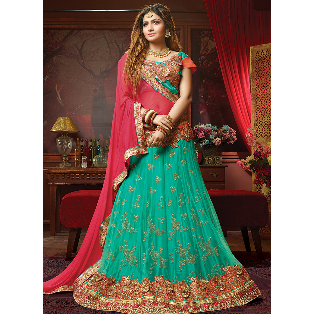 Ladies Light Green Net Embroidery Work Lehenga Choli