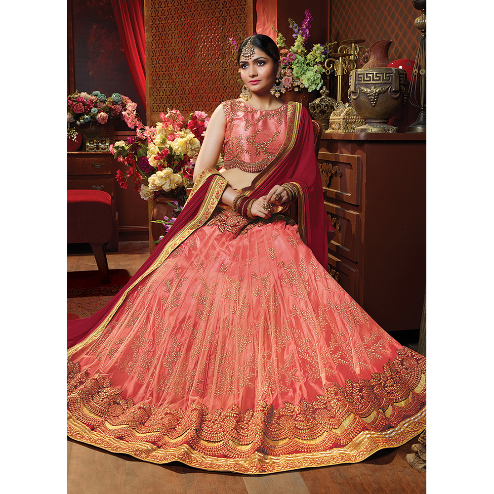 Ladies Peach Net Embroidery Work Lehenga Choli