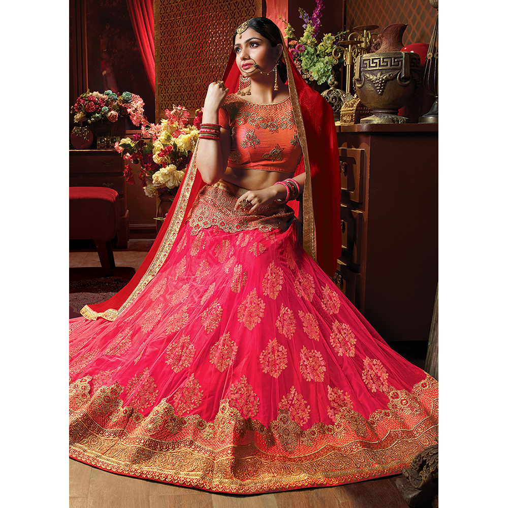 Ladies Pink Net Embroidery Work Lehenga Choli