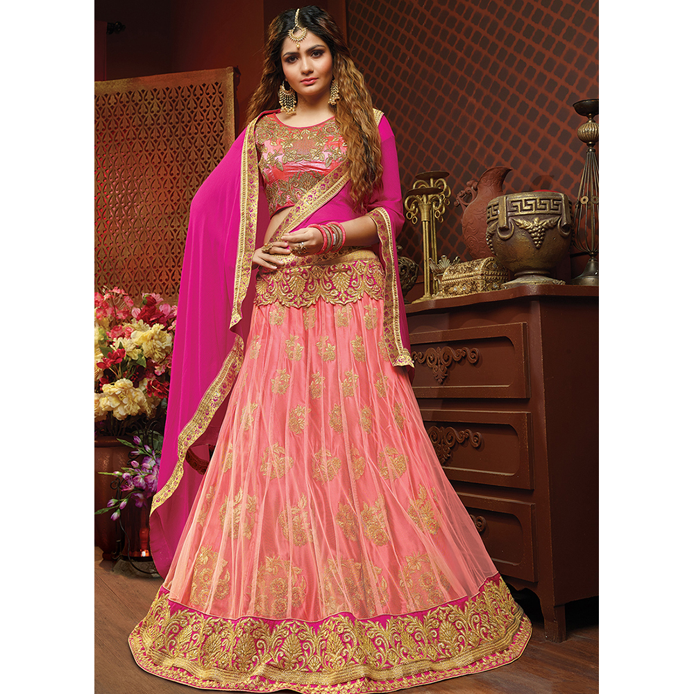 Ladies Designer Pink Net Embroidery Lehenga Choli