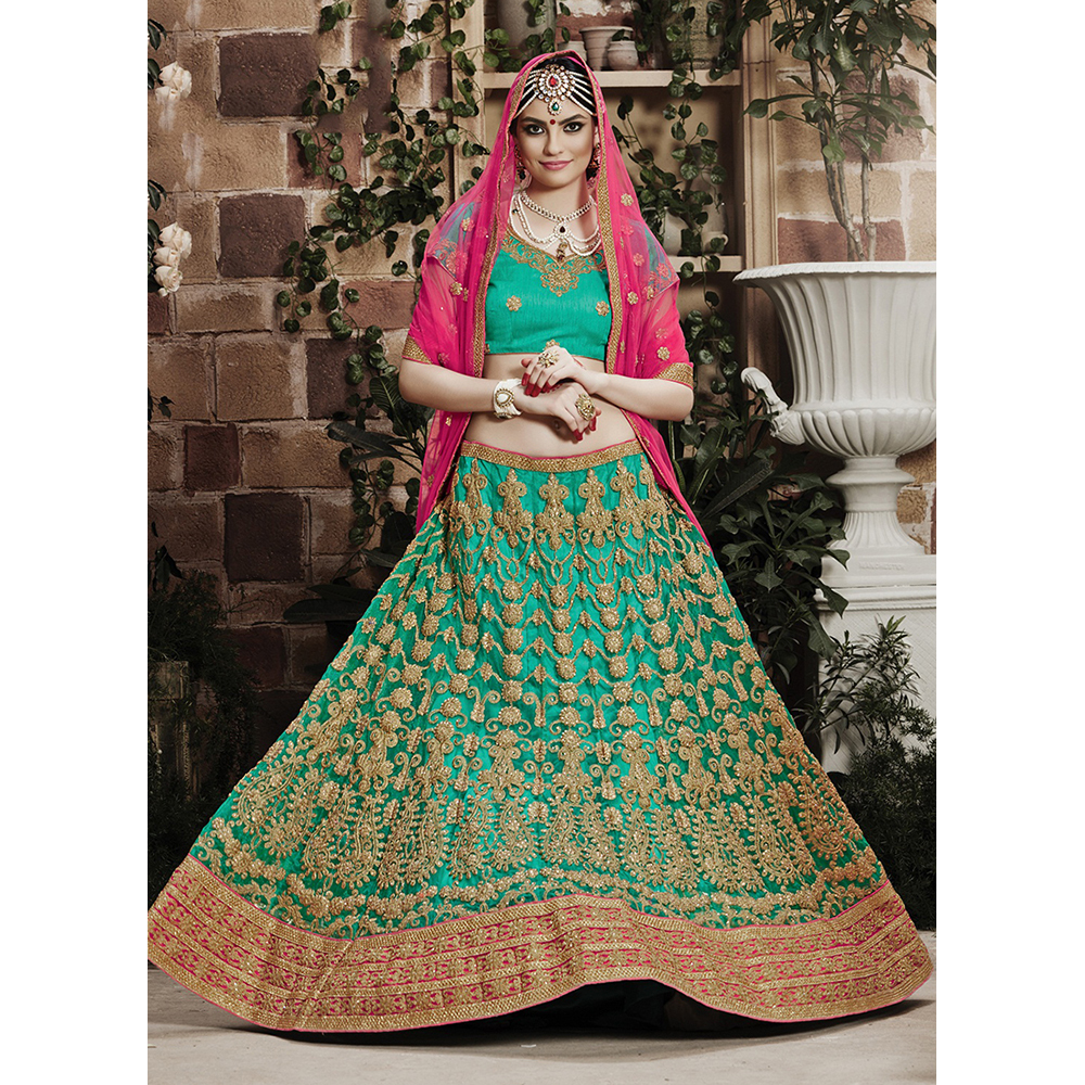 Ladies Green Net Bridal Heavy Embroidery Lehenga Choli