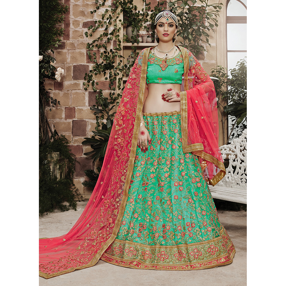Ladies Designer Green Net Bridal Heavy Embroidery Lehenga Choli