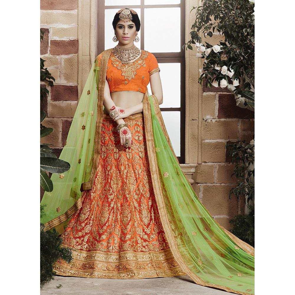 Ladies Orange Net Embroidery Lehenga Choli - Net Fabric, Custom Size, Gold Embroidery, Elegant Design