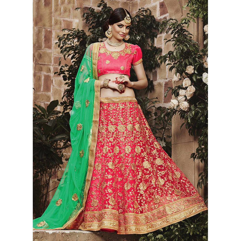 Ladies Pink Net Bridal Heavy Embroidery Lehenga Choli