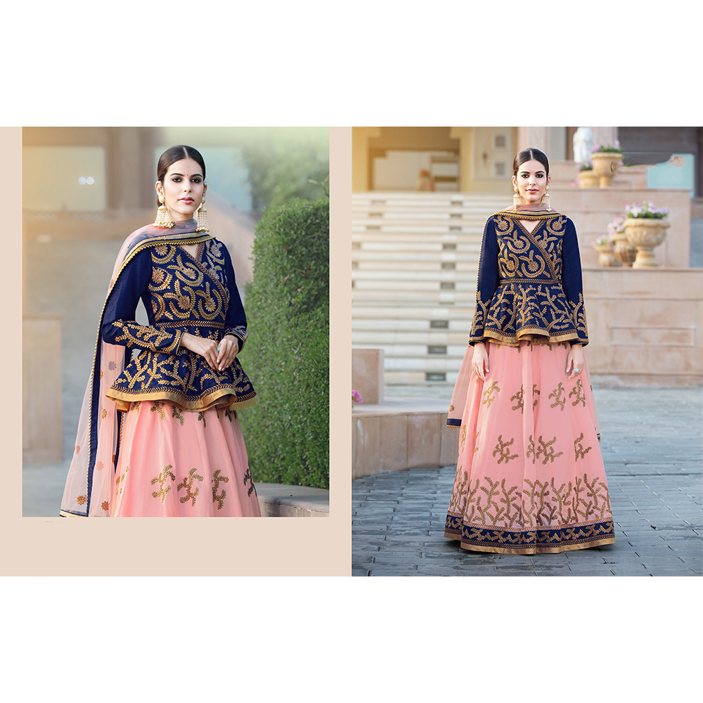 Ladies Lehenga - Velvet Net, Navy Blue, Floor-Length | Elegant Design, Intricate Floral Embroidery, Comfortable Fit, Indo-Western Style, Customizable Size