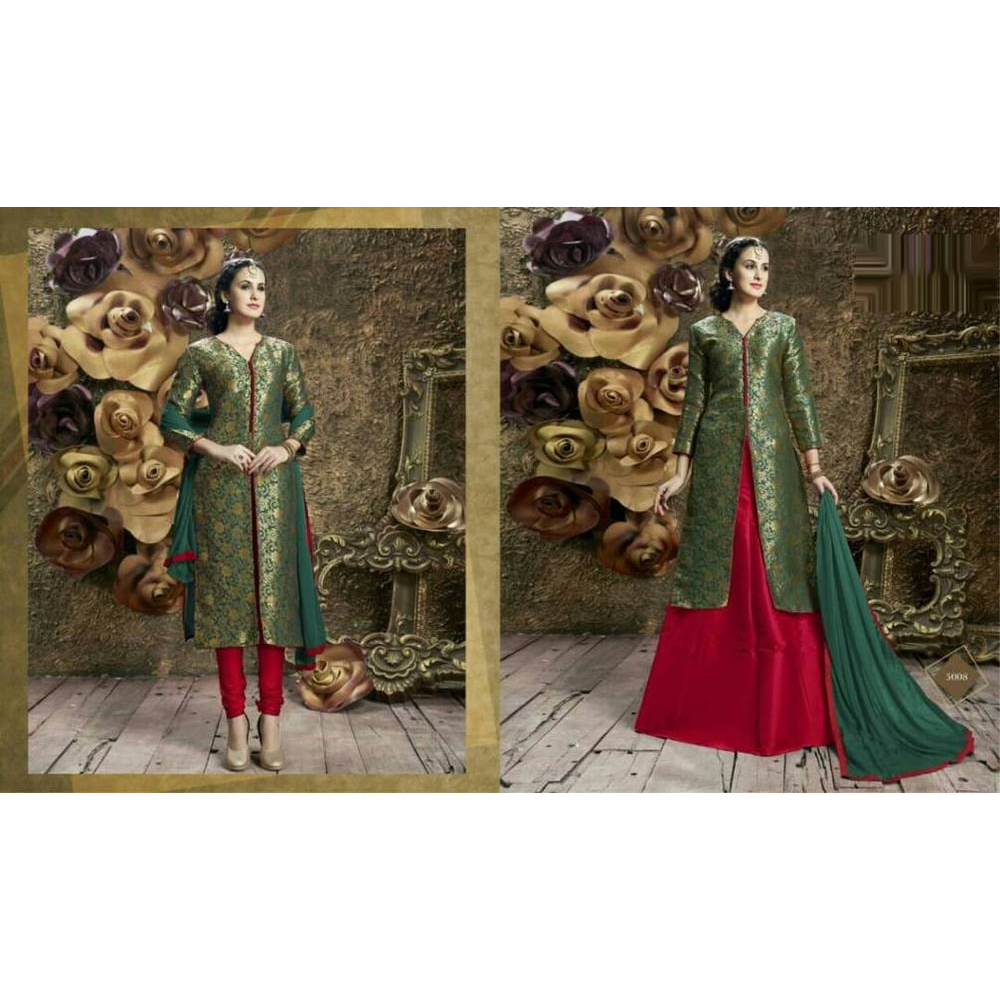 Ladies Green Fuschia Brocade Slit Kurtis
