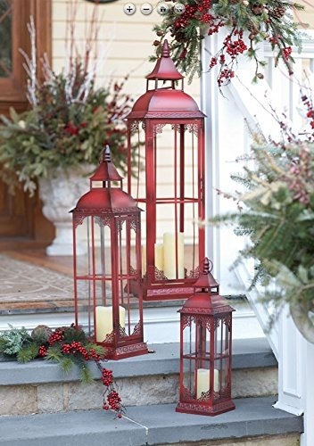 Set of 3 Extra Tall Red Candle Lanterns - 19.75, 28 and 37 Inch