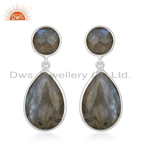 Indian Fine Silver Labradorite Gemstone Earrings - 31x14 mm , 5.523 Grams Handmade Jewelry
