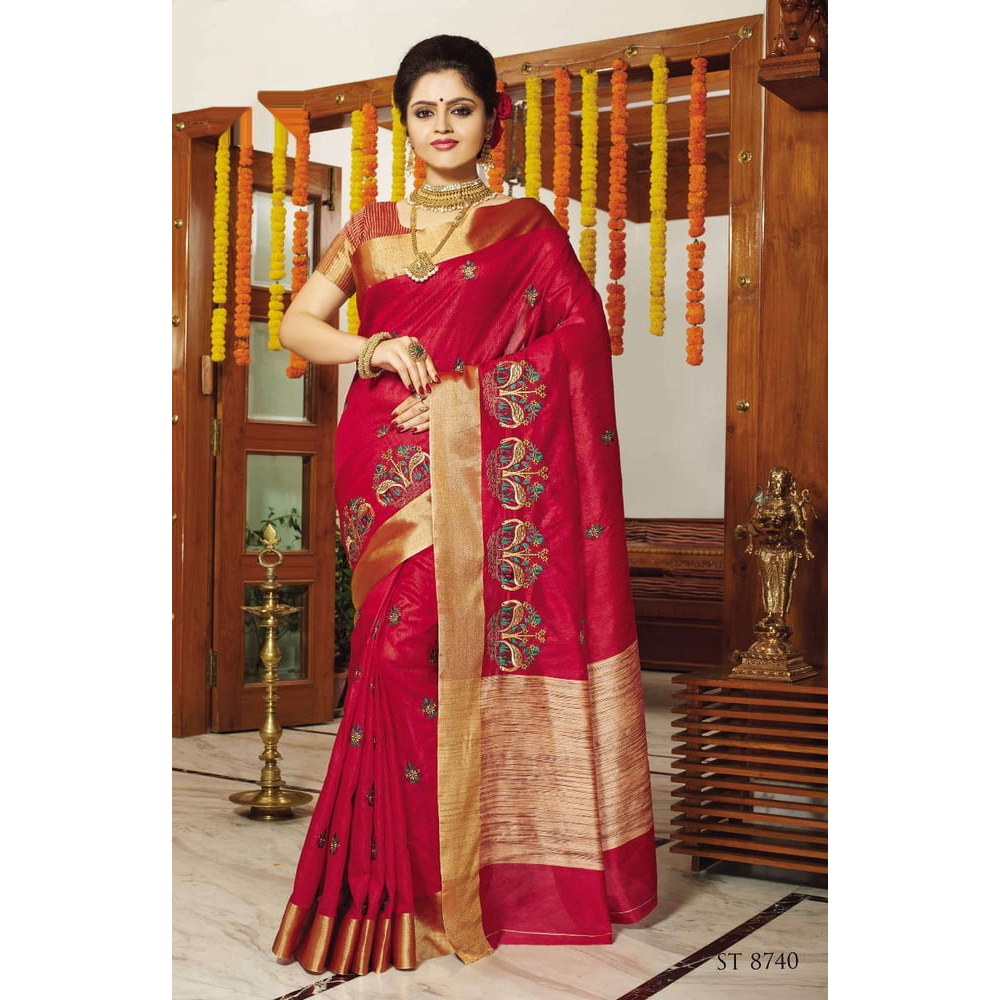 TS02 : Tassar Silk Sarees - Tassar Silk, 5.5 Meters, Red | Floral Embroidery, Soft Texture, Elegant Design, Durable Fabric, Comfortable Drape