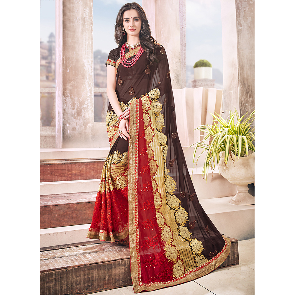 Brown Georgette Party Wear Embroidered Work Saree