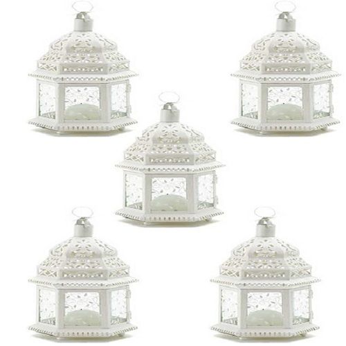 Medium White Lacy Moroccan Candle Lanterns Set of 5