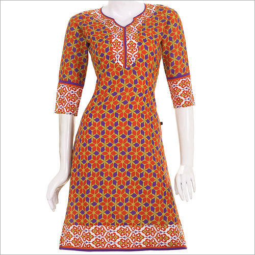 Ladies Printed Kurti - Soft Textured Fabric, Orange, 3/4th Sleeves, Floral Print, Comfortable Fit