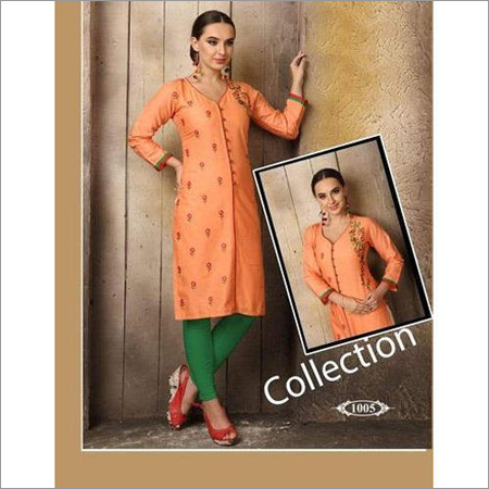 Ladies Casual Kurti - Cotton, 3-4th Sleeve, Orange | Embroidered, Anti-Wrinkle, Waterproof, Non-Toxic, Daily Wear