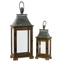 Urban Trends Wood Lantern With Metal - Wood And Metal, Medium 12.25"x7"x20.5", Dark Stained Finish, Front-opening Door, Windowpane Design