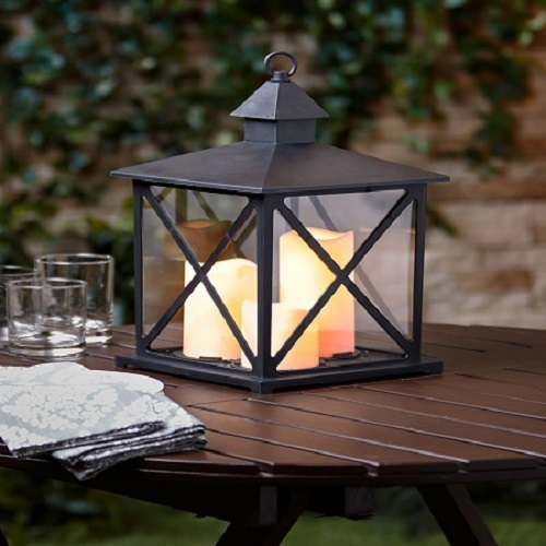 Outdoor Triple Candle Lantern with Timer (Black)