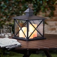 Outdoor Triple Candle Lantern With Timer - Metal And Glass, 10x5x5 Inches, Matte Black | Triple Led Candles, Battery Operated, 6-hour Timer
