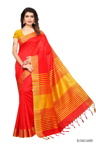 Cotton Jhalar - Cotton, 5.5 Meters, Red Striped, Tassel Border | Elegant Design, Soft Fabric, Comfortable Wear