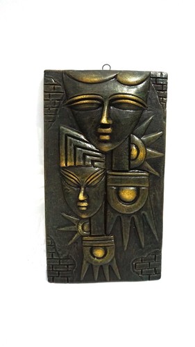 Home Decorative Terracotta Wall Hanging Plate Egyptian Modern Art Faces Gray Finish