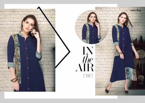 Rayon Fabrics Printed Kurti - Rayon, Sizes M-XXL, Navy Blue | Stylish Design, Comfortable, 45-50 cm Length, Wholesale