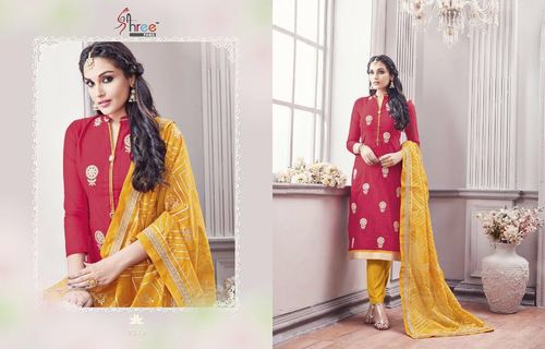 Cotton Multi-Size Red with Yellow Dupatta - Floral Embroidery, Elegant Design, Comfortable Fit, Perfect Stitching