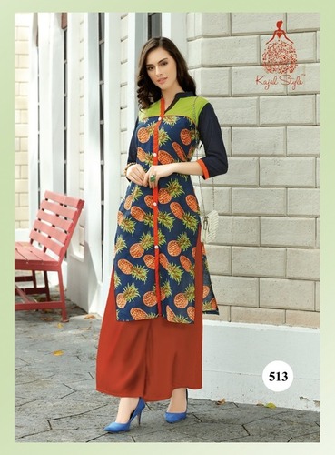 Printed Crepe Kurtis - Crepe, 45 Inches, Navy Blue | V-Neck, 3/4 Sleeves, Stylish, Soft Fabric, Comfortable Fit