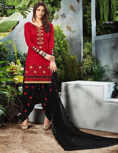 Red & Black Designer Cotton Patiyala Suit