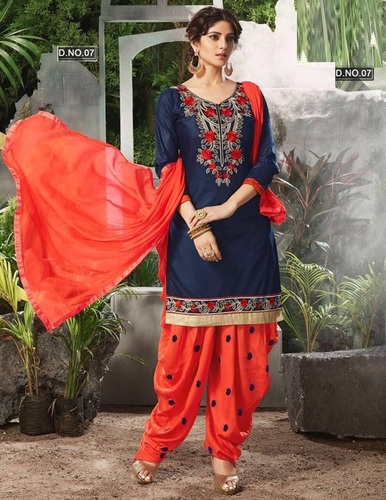 Cotton Navy Blue & Orange Combo Patiyala Salwar Kameez