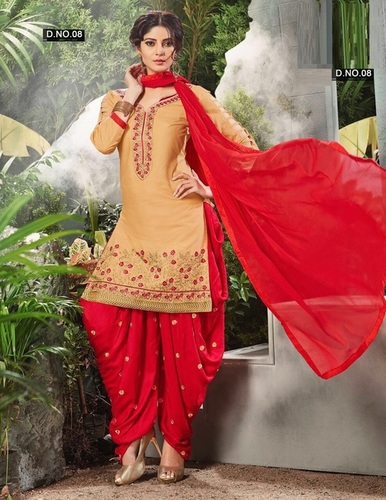 Beige & Red Embroidered Dhoti Style Cotton Salwar Kameez Supplier