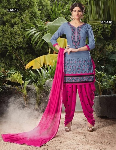 Embroidered Cotton Salwar Kameez - Full Sleeves, Grey & Magenta Design with Matching Chiffon Dupatta, Customizable Sizes 36-42