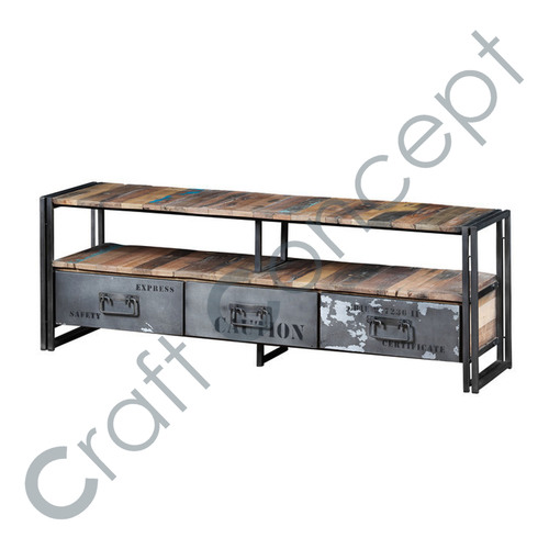 Reclaim Wood & Metal TV Cabinet - Iron & Wood, Eco-Friendly Design, Ivory White Finish with 2 Drawers and 2 Niches for Hi-Fi Equipment