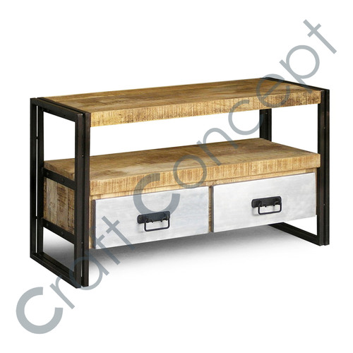 Wood and Iron TV Cabinet - Eco-Friendly Wood with Metal Accents, Contemporary Design with Two Drawers and Cable Management Solutions