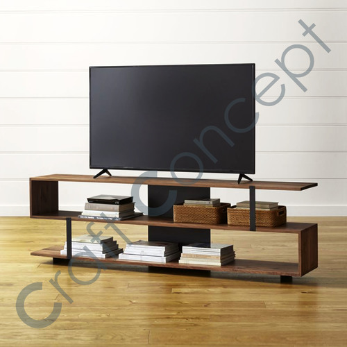 Wood & Metal TV Cabinet - Pine Wood, Large Tray Design, Ivory White Finish | Eco-Friendly, 2 Drawers and 2 Niches, Decorative Black Metal Shell Handles, Cable Management Holes