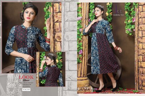 Designer Party Wear Kurti - Rayon Fabric, Knee-Length, Collared Neckline, Printed Pattern, Three-Quarter Sleeves, 10 Pcs