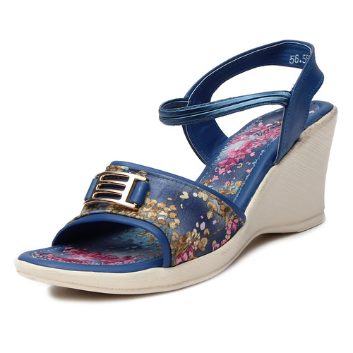 Ladies Sandal - PU & PVC Material, 2.5 Inch Heels, Blue Color, Floral Print Design | Ankle Strap, Comfortable Wear, Elegant Look, Stylish Design