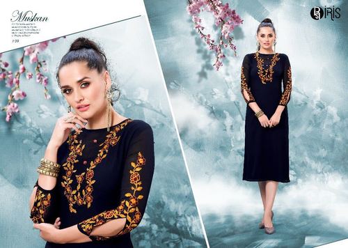 Georgette Work Kurti - Georgette, L-XXL, Black | Embroidered Detail, Elegant Design, Comfortable Fit