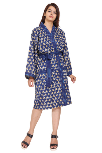 Cotton Kimono Robe - Plus Size, Blue Printed V-Neck Casual Style | 3/4 Sleeves, Knee Length, Hand Block Design, Ideal for Spring and Summer