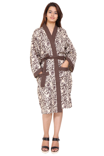Brown Short Kimono Dress Hand Block Printed