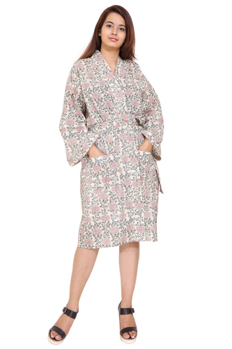 Cream Robe Kimono Hand Block Print