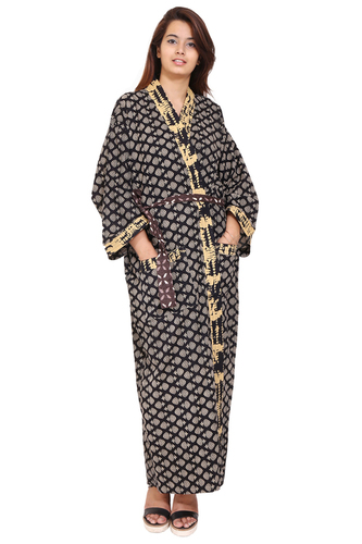 Washable Cotton Black Long Kimono Robe