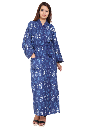 Gorgeous Long Cotton Kimono - Plus Size, V-Neck, Blue Printed Design | 3/4 Sleeve, Ankle Length, Perfect for Spring and Summer