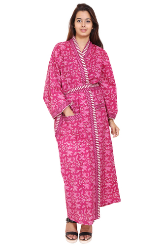 Washable Pink Long Cotton Kimono Robe