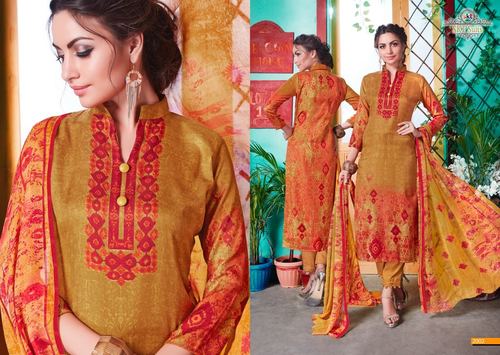 PURE PASHMINA PRINTED DRESS MATERIALS - Pashmina, Top 2.5m, Bottom 2.75m, Mustard | Soft Pashmina, Printed Design, 12 Piece Set