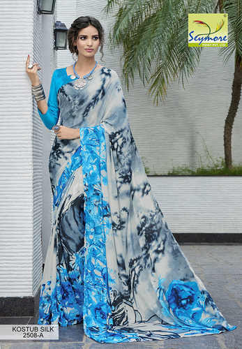 Indian Saree - 5.5 Mtrs Crepe Fancy Printed Party Wear Saree with 0.8 Mtrs Blouse, Blue and Grey Bollywoodesque Pattern, Seasonal Elegance
