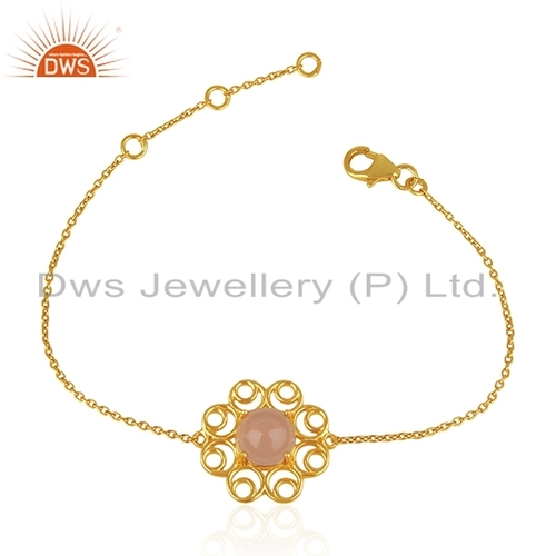 Rose Chalcedony Gemstone Designer Gold Plated Silver Bracelet Jewelry