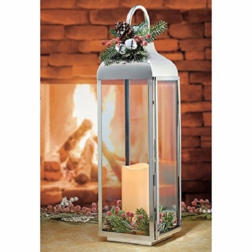 27.5" Large Polished Stainless Steel Lantern with Flickering LED Candle